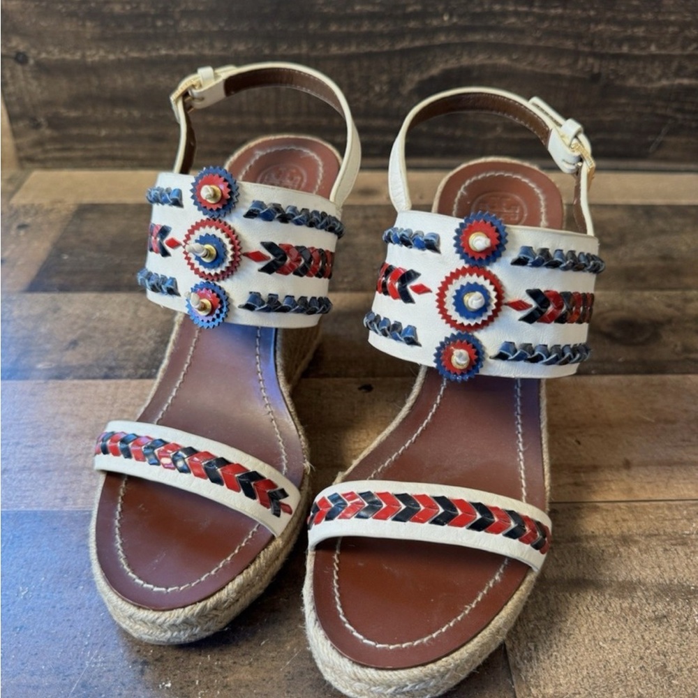 TORY BURCH  wedge sandals IVORY/NAVY/INDIAN RED/NEPTUNE Aztec preppy boho size 7